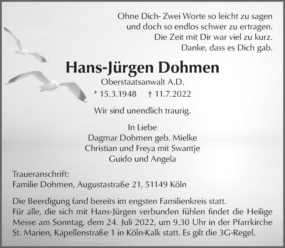  Traueranzeige für Hans-Jürgen Dohmen vom 22.07.2022 aus  EXPRESS - Die Woche 