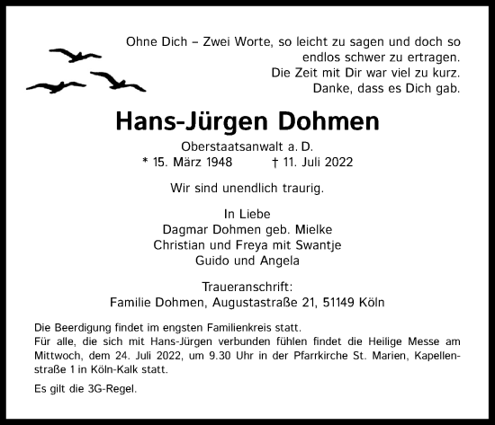 Anzeige von Hans-Jürgen Dohmen von Kölner Stadt-Anzeiger / Kölnische Rundschau / Express
