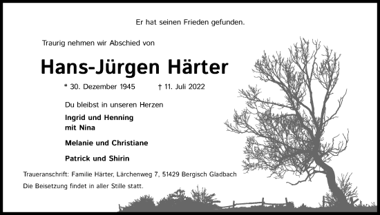 Anzeige von Hans-Jürgen Härter von Kölner Stadt-Anzeiger / Kölnische Rundschau / Express