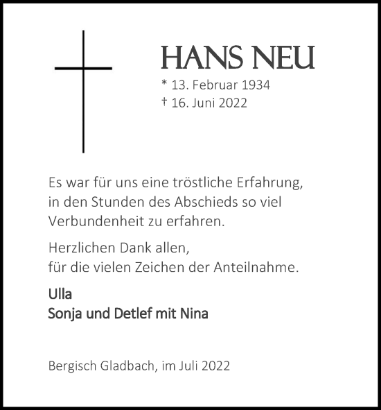 Anzeige von Hans Neu von Kölner Stadt-Anzeiger / Kölnische Rundschau / Express