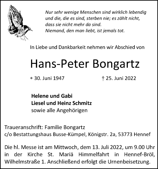 Anzeige von Hans-Peter Bongartz von Kölner Stadt-Anzeiger / Kölnische Rundschau / Express