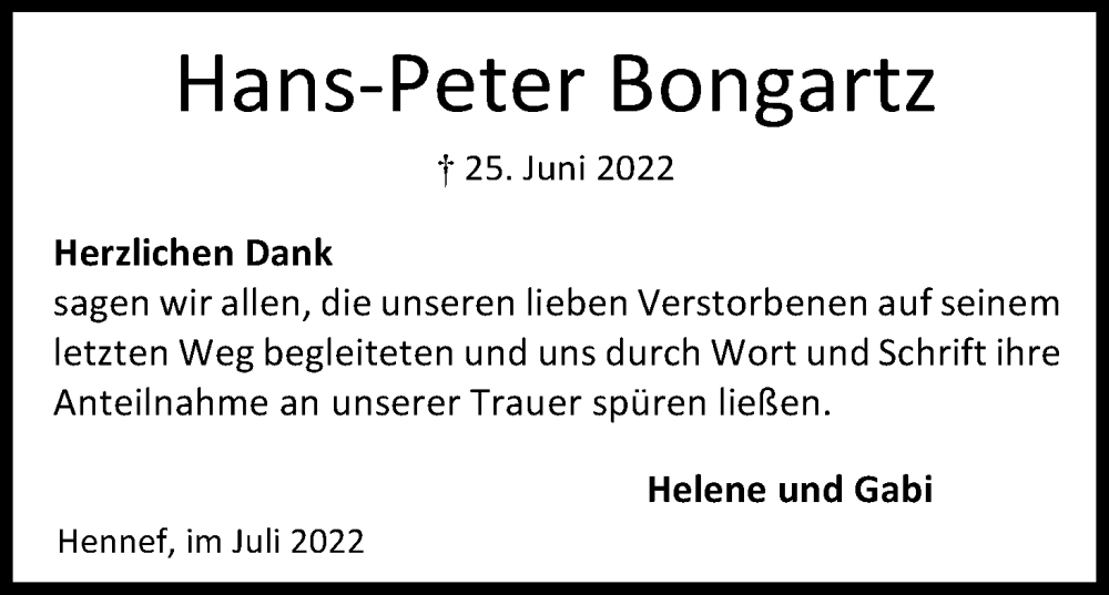  Traueranzeige für Hans-Peter Bongartz vom 20.07.2022 aus Kölner Stadt-Anzeiger / Kölnische Rundschau / Express