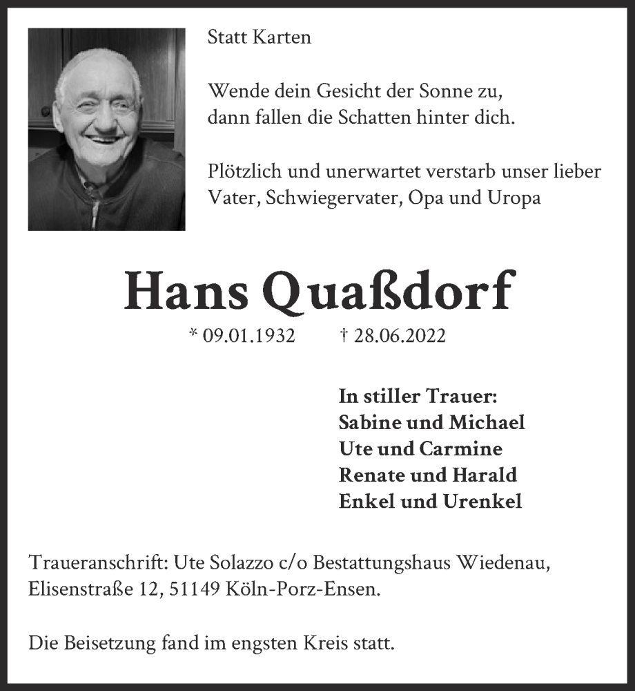  Traueranzeige für Hans Quaßdorf vom 08.07.2022 aus  EXPRESS - Die Woche 
