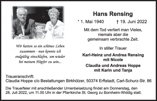 Anzeige von Hans Rensing von  Schaufenster/Blickpunkt 