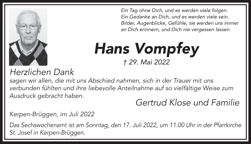  Traueranzeige für Hans Vompfey vom 08.07.2022 aus  Werbepost 