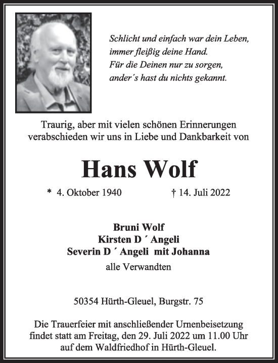 Anzeige von Hans Wolf von  Wochenende 