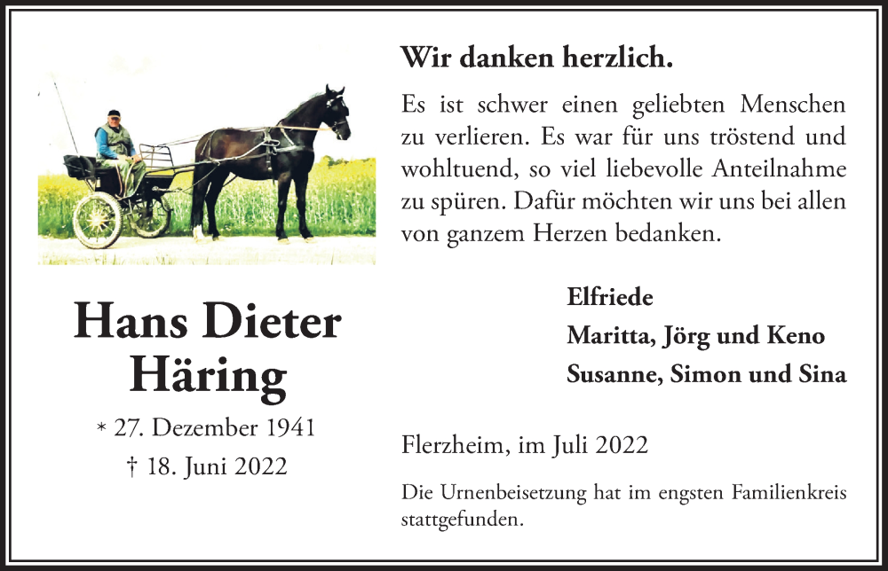  Traueranzeige für Hans Dieter Häring vom 15.07.2022 aus  Schaufenster/Blickpunkt 