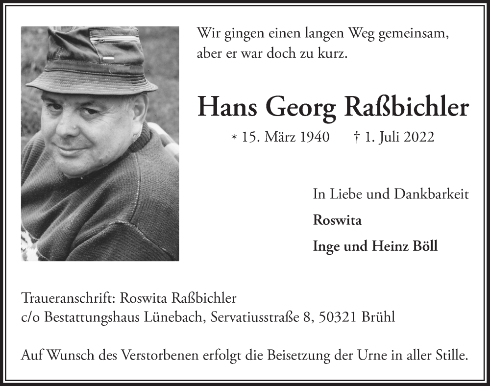  Traueranzeige für Hans Georg Raßbichler vom 15.07.2022 aus  Schlossbote/Werbekurier 