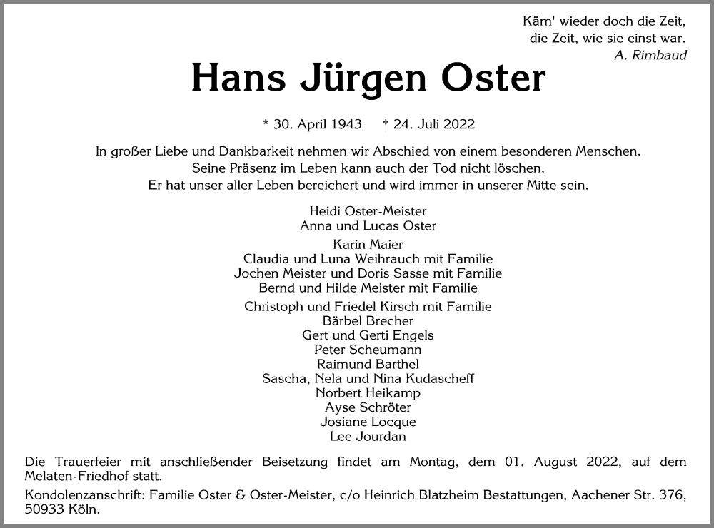  Traueranzeige für Hans Jürgen Oster vom 30.07.2022 aus Kölner Stadt-Anzeiger / Kölnische Rundschau / Express