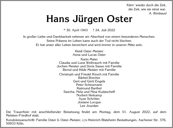 Anzeige von Hans Jürgen Oster von Kölner Stadt-Anzeiger / Kölnische Rundschau / Express