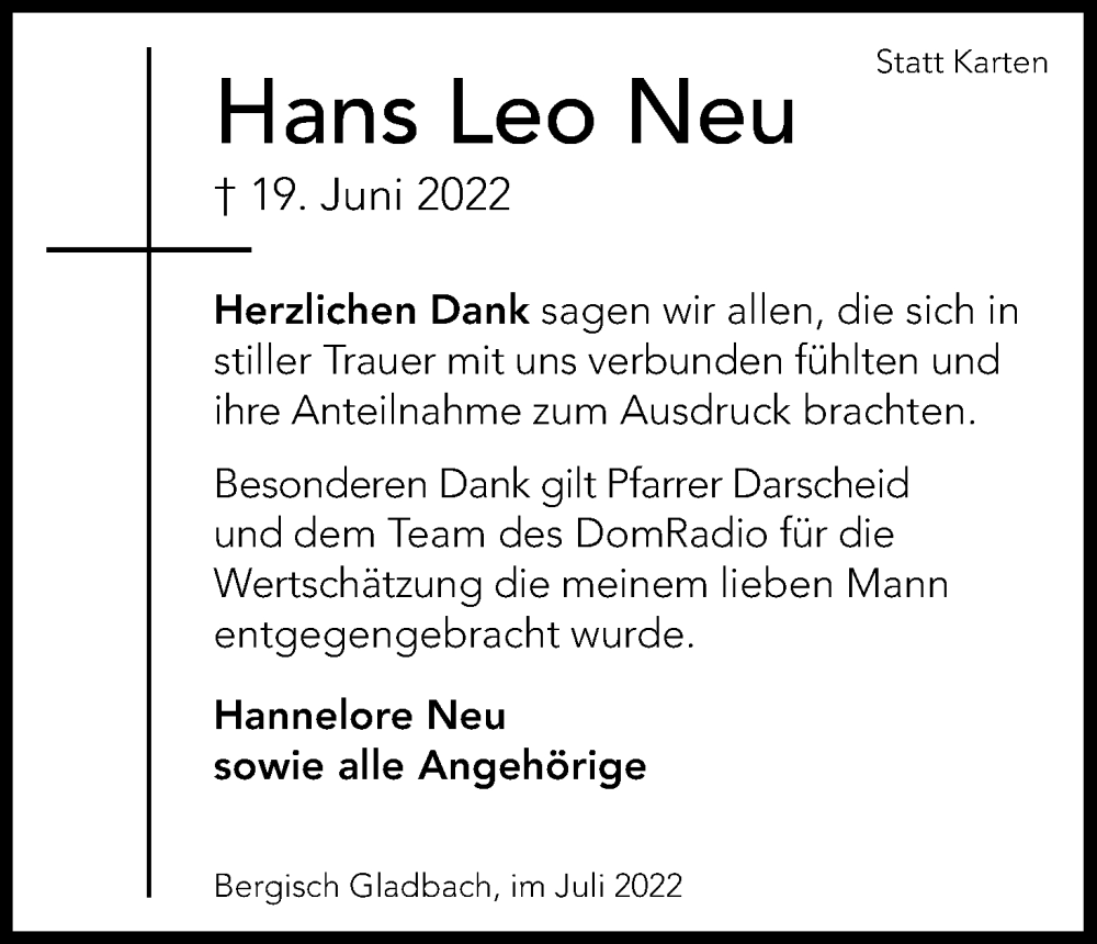  Traueranzeige für Hans Leo Neu vom 23.07.2022 aus Kölner Stadt-Anzeiger / Kölnische Rundschau / Express