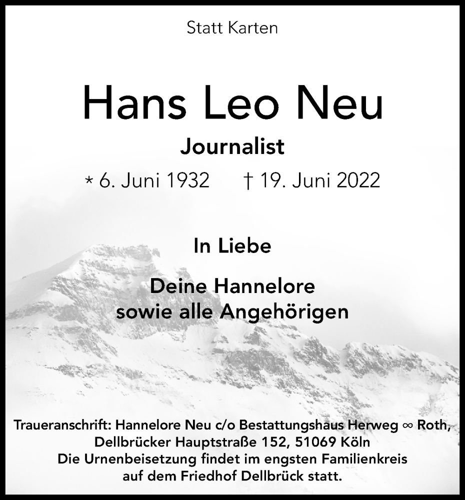  Traueranzeige für Hans Leo Neu vom 02.07.2022 aus Kölner Stadt-Anzeiger / Kölnische Rundschau / Express