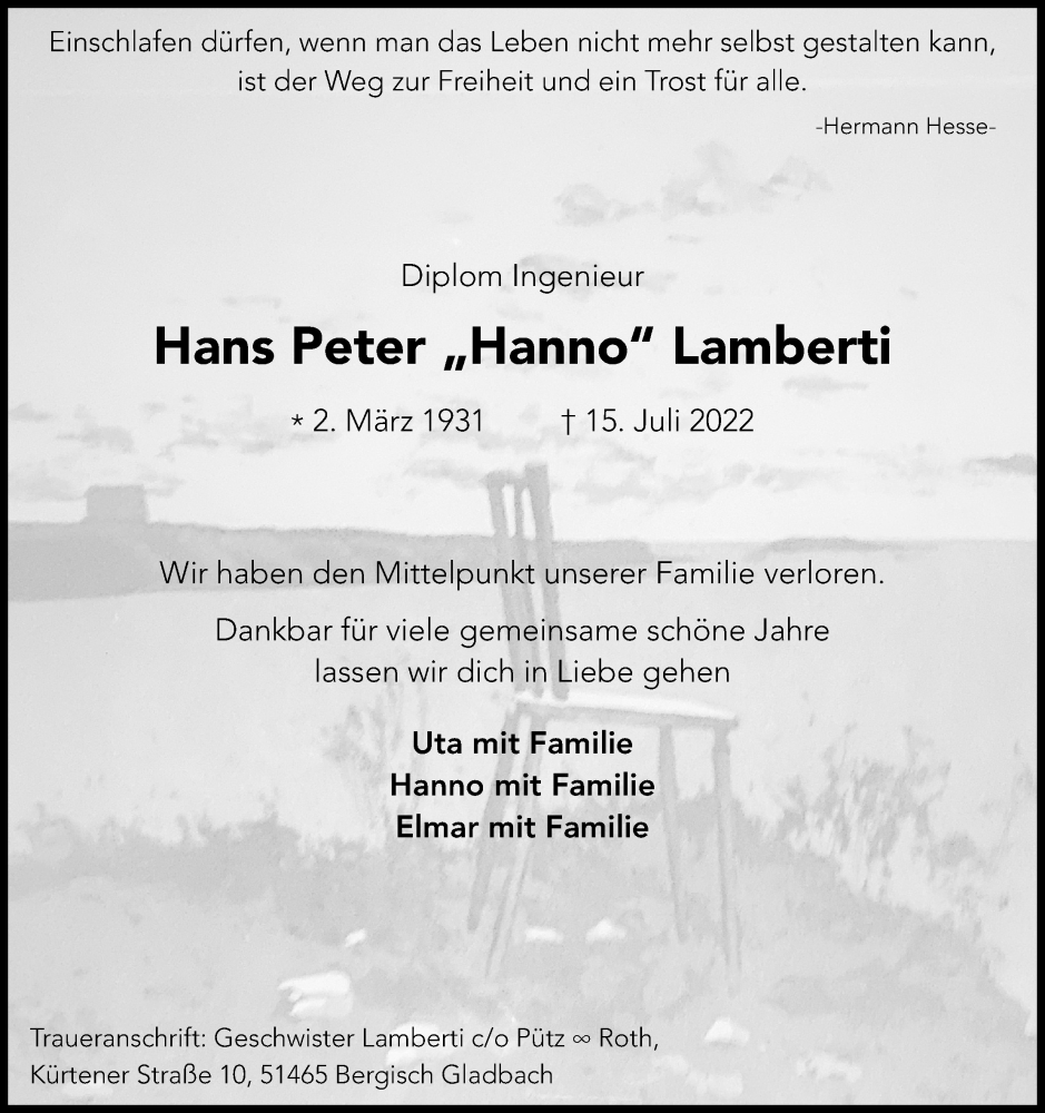  Traueranzeige für Hans Peter Lamberti vom 30.07.2022 aus Kölner Stadt-Anzeiger / Kölnische Rundschau / Express