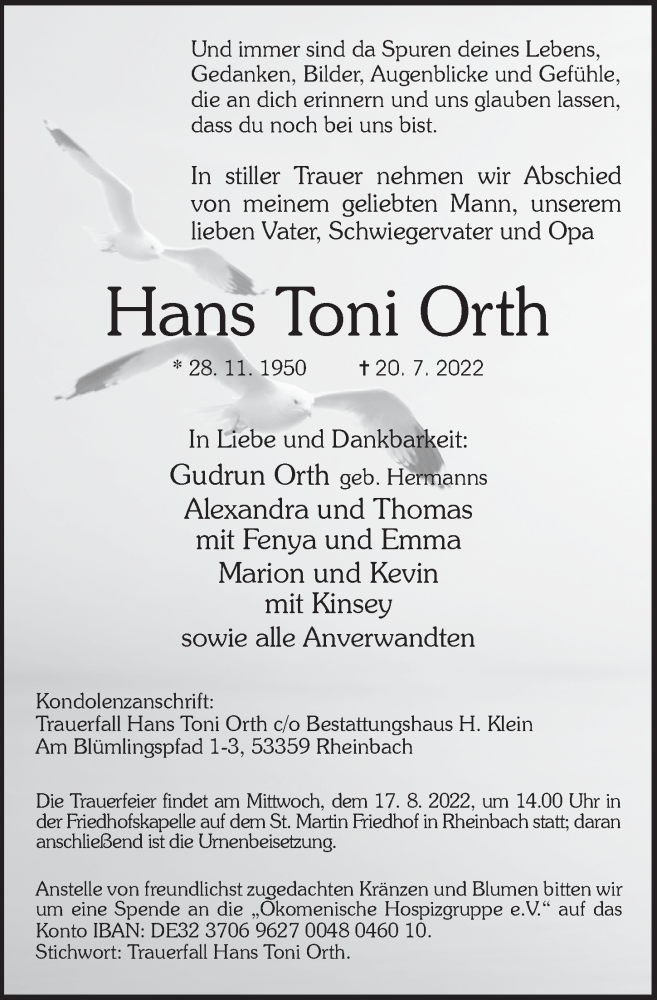  Traueranzeige für Hans Toni Orth vom 29.07.2022 aus  Schaufenster/Blickpunkt 