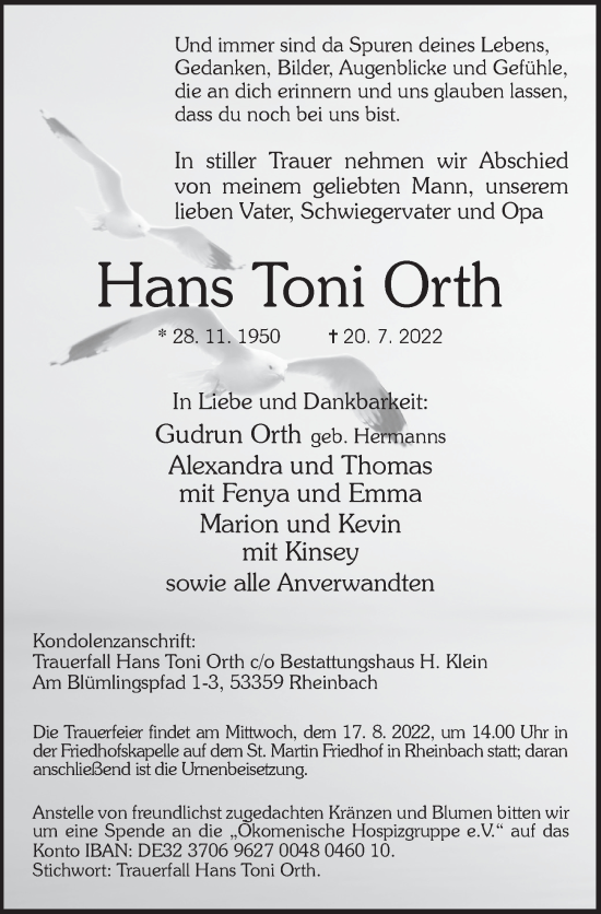 Anzeige von Hans Toni Orth von  Schaufenster/Blickpunkt 