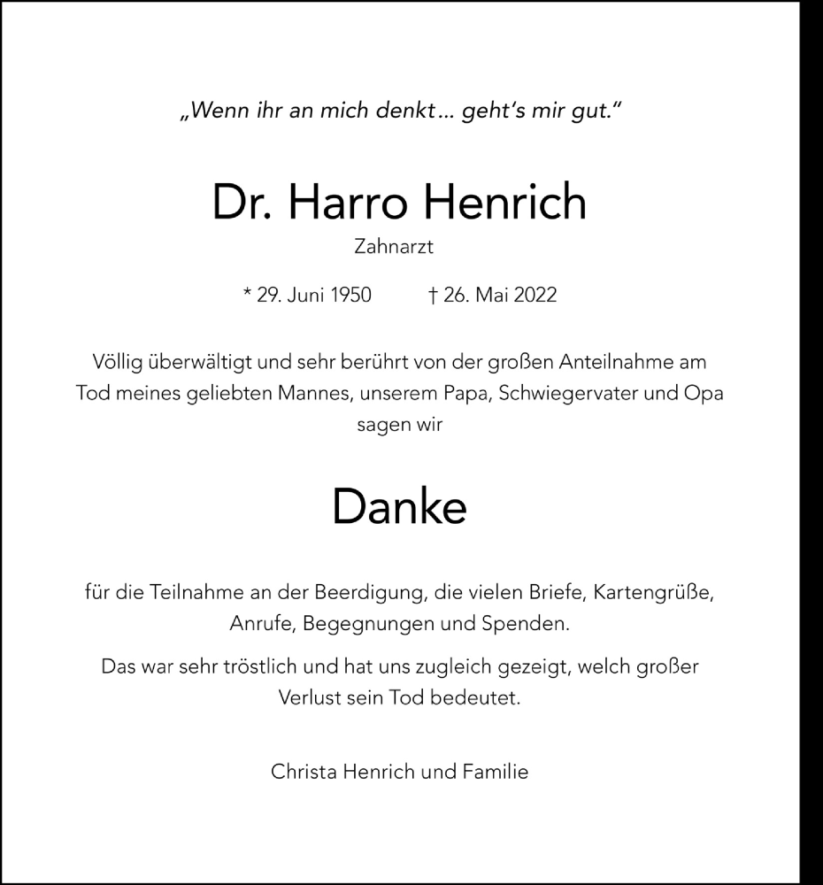 Traueranzeige für Harro Henrich vom 29.07.2022 aus  Schlossbote/Werbekurier 