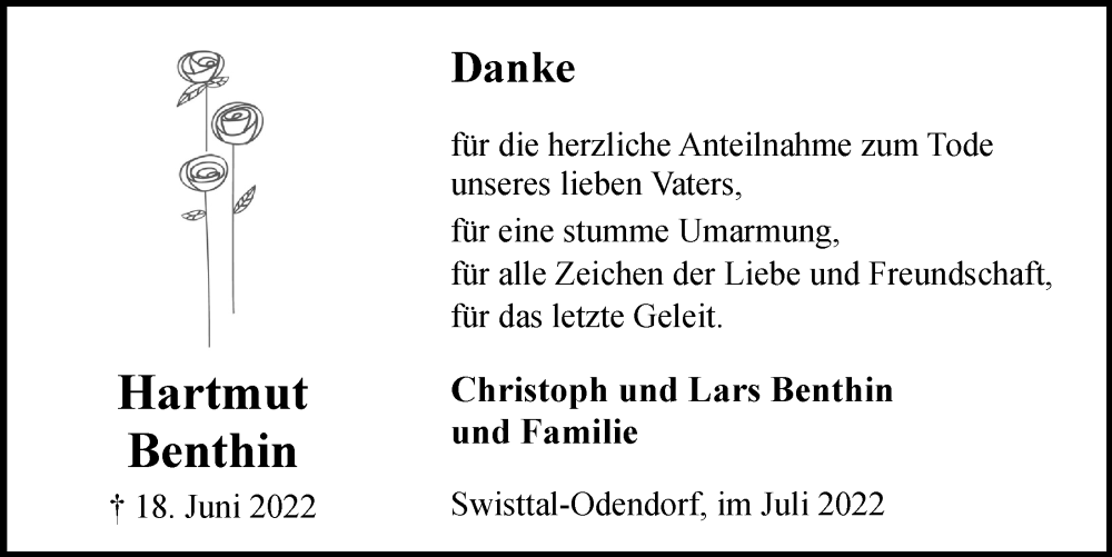 Traueranzeige für Hartmut Benthin vom 22.07.2022 aus  Schaufenster/Blickpunkt 