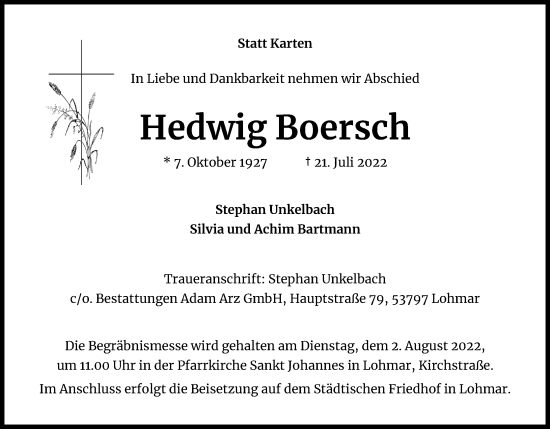 Anzeige von Hedwig Boersch von Kölner Stadt-Anzeiger / Kölnische Rundschau / Express