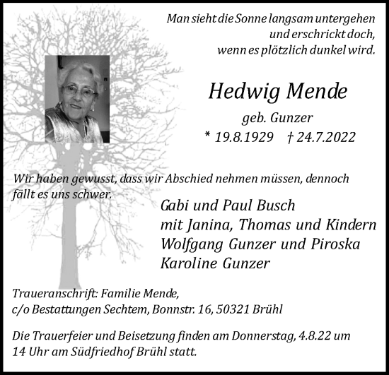 Anzeige von Hedwig Mende von Kölner Stadt-Anzeiger / Kölnische Rundschau / Express