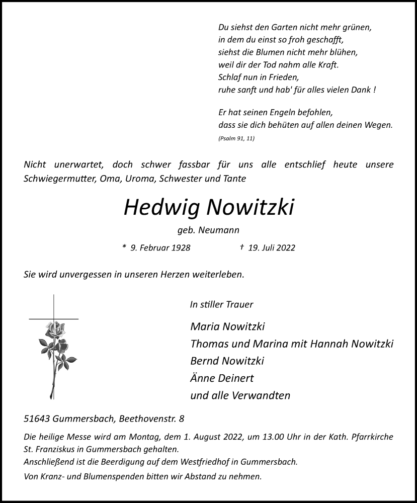  Traueranzeige für Hedwig Nowitzki vom 28.07.2022 aus Kölner Stadt-Anzeiger / Kölnische Rundschau / Express