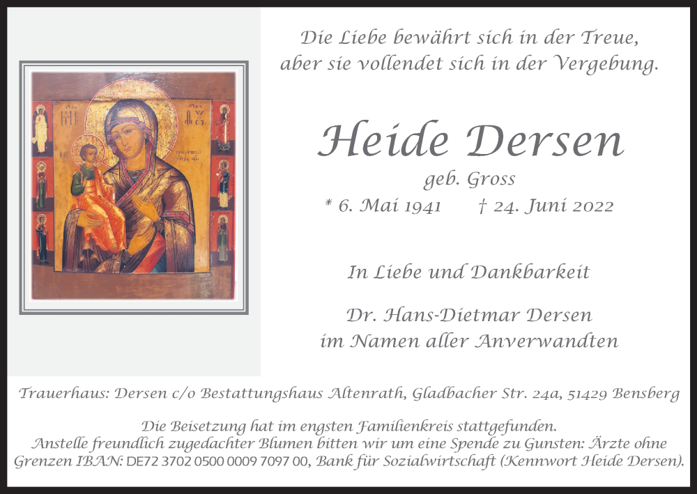  Traueranzeige für Heide Dersen vom 09.07.2022 aus Kölner Stadt-Anzeiger / Kölnische Rundschau / Express