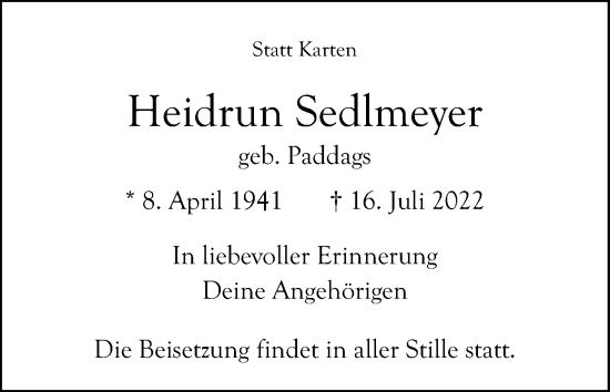 Anzeige von Heidrun Sedlmeyer von Kölner Stadt-Anzeiger / Kölnische Rundschau / Express
