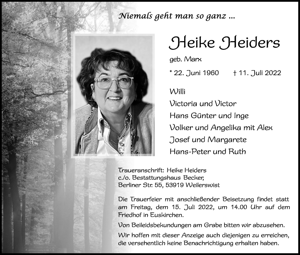  Traueranzeige für Heike Heiders vom 13.07.2022 aus Kölner Stadt-Anzeiger / Kölnische Rundschau / Express