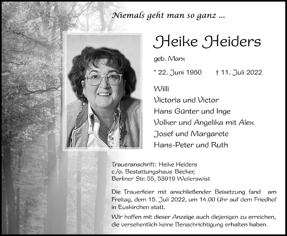  Traueranzeige für Heike Heiders vom 16.07.2022 aus  Blickpunkt Euskirchen 