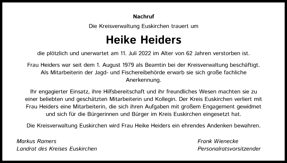  Traueranzeige für Heike Heiders vom 21.07.2022 aus Kölner Stadt-Anzeiger / Kölnische Rundschau / Express