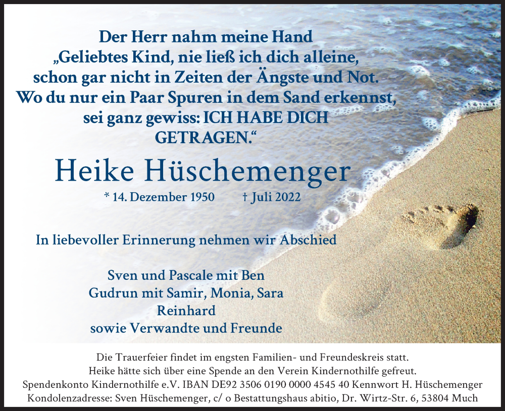  Traueranzeige für Heike Hüschemenger vom 30.07.2022 aus Kölner Stadt-Anzeiger / Kölnische Rundschau / Express