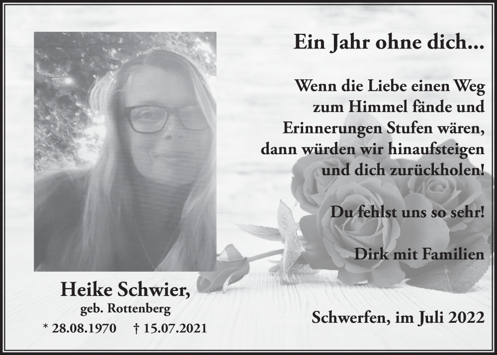  Traueranzeige für Heike Schwier vom 16.07.2022 aus  Blickpunkt Euskirchen 