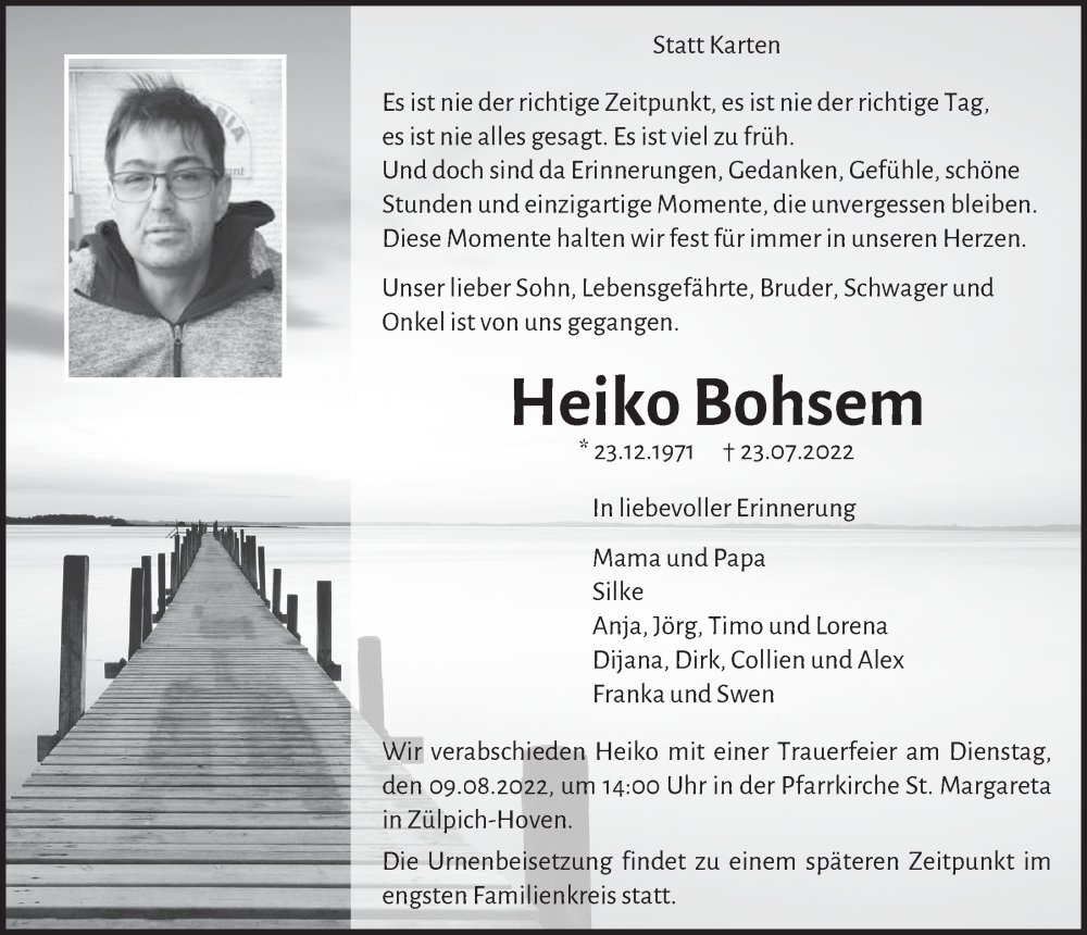  Traueranzeige für Heiko Bohsem vom 30.07.2022 aus  Blickpunkt Euskirchen 