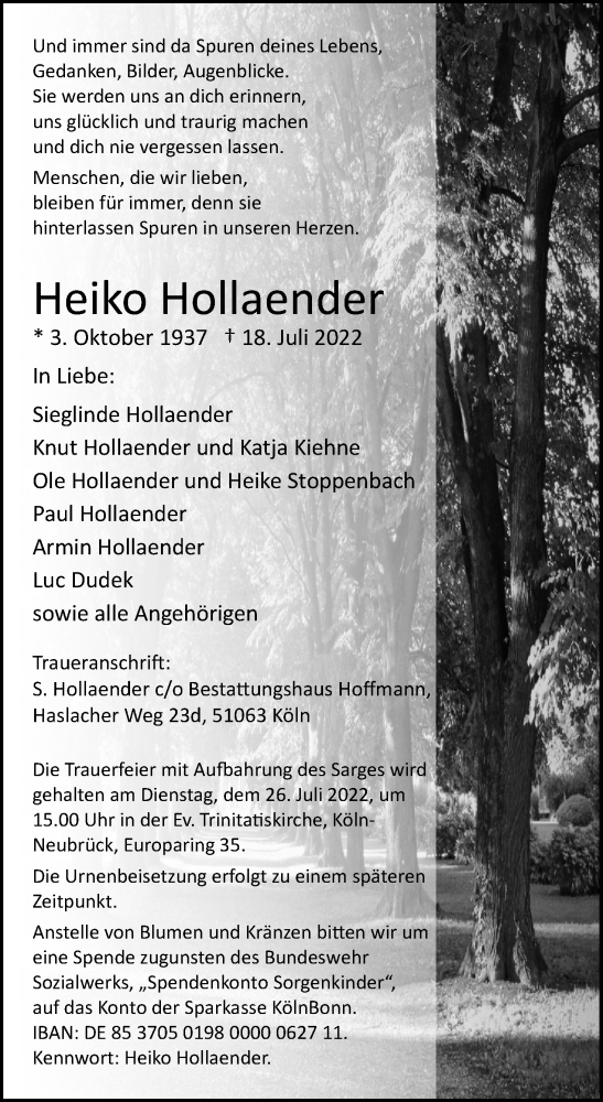 Anzeige von Heiko Hollaender von Kölner Stadt-Anzeiger / Kölnische Rundschau / Express