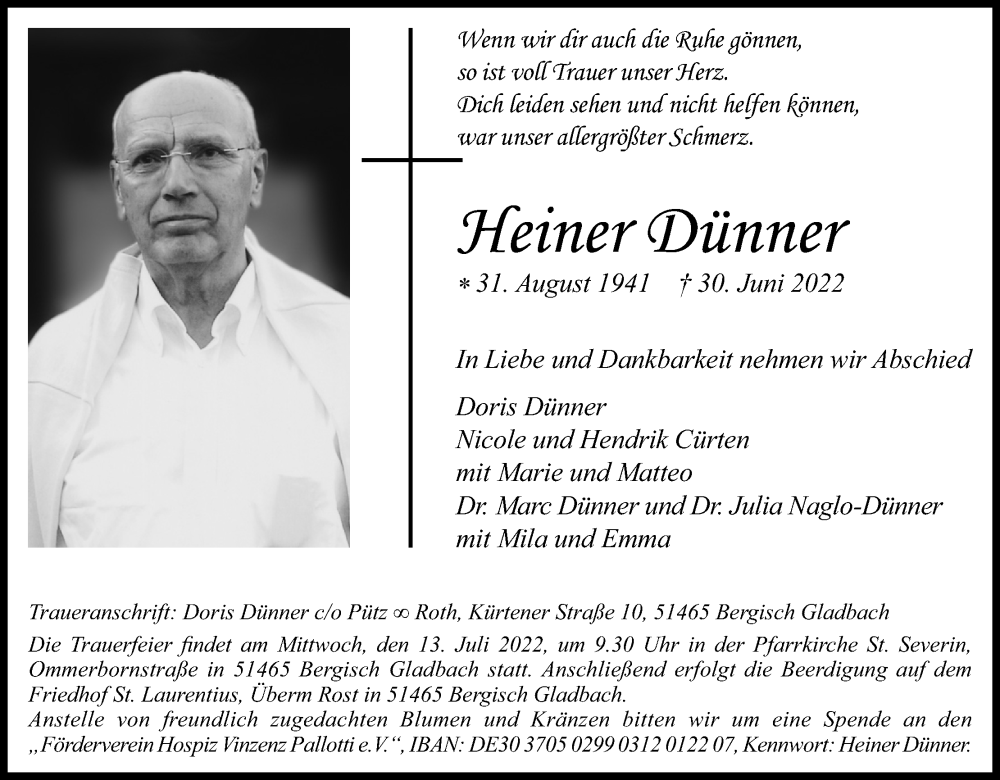  Traueranzeige für Heiner Dünner vom 06.07.2022 aus Kölner Stadt-Anzeiger / Kölnische Rundschau / Express