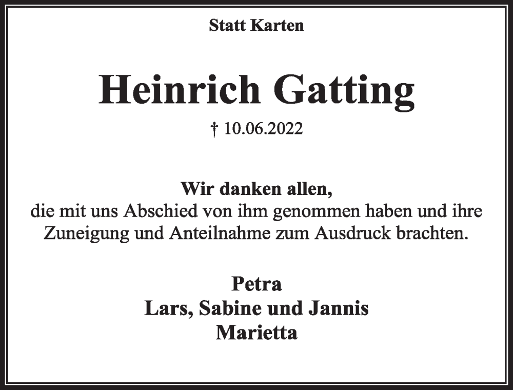  Traueranzeige für Heinrich Gatting vom 29.07.2022 aus  Wochenende 