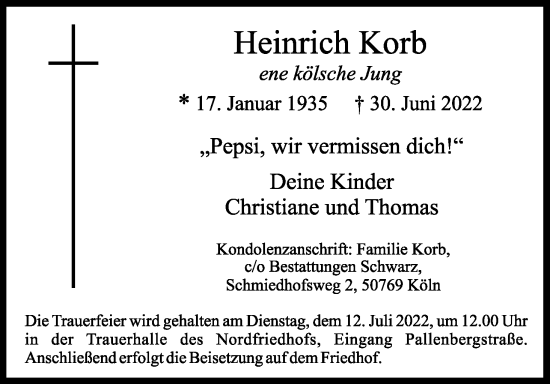 Anzeige von Heinrich Korb von Kölner Stadt-Anzeiger / Kölnische Rundschau / Express