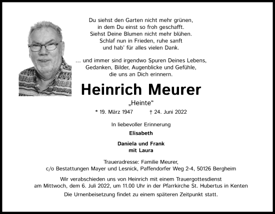 Anzeige von Heinrich Meurer von Kölner Stadt-Anzeiger / Kölnische Rundschau / Express