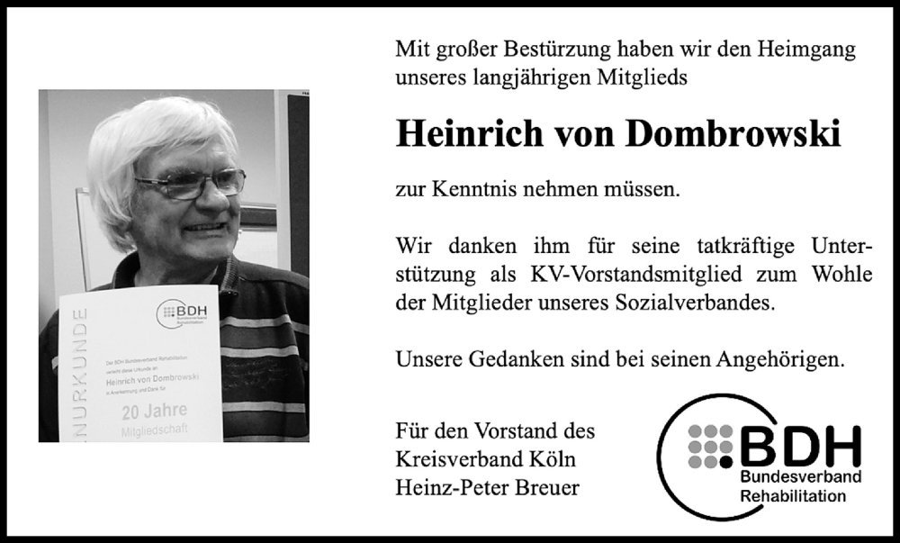  Traueranzeige für Heinrich  von Dombrowski vom 16.07.2022 aus Kölner Stadt-Anzeiger / Kölnische Rundschau / Express