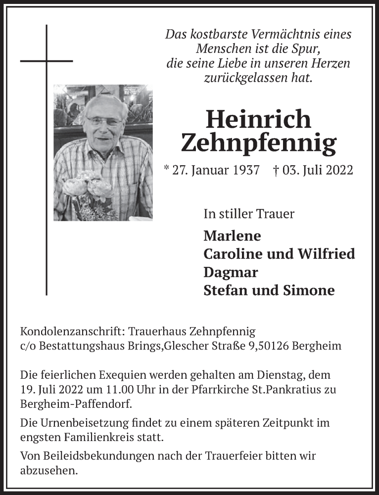  Traueranzeige für Heinrich Zehnpfennig vom 15.07.2022 aus  Werbepost 