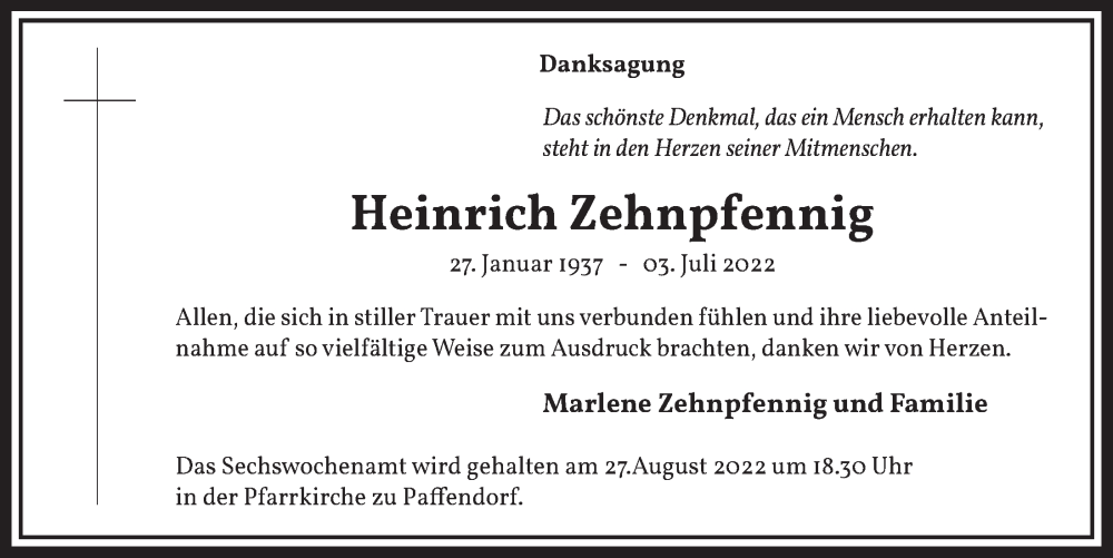  Traueranzeige für Heinrich Zehnpfennig vom 29.07.2022 aus  Werbepost 