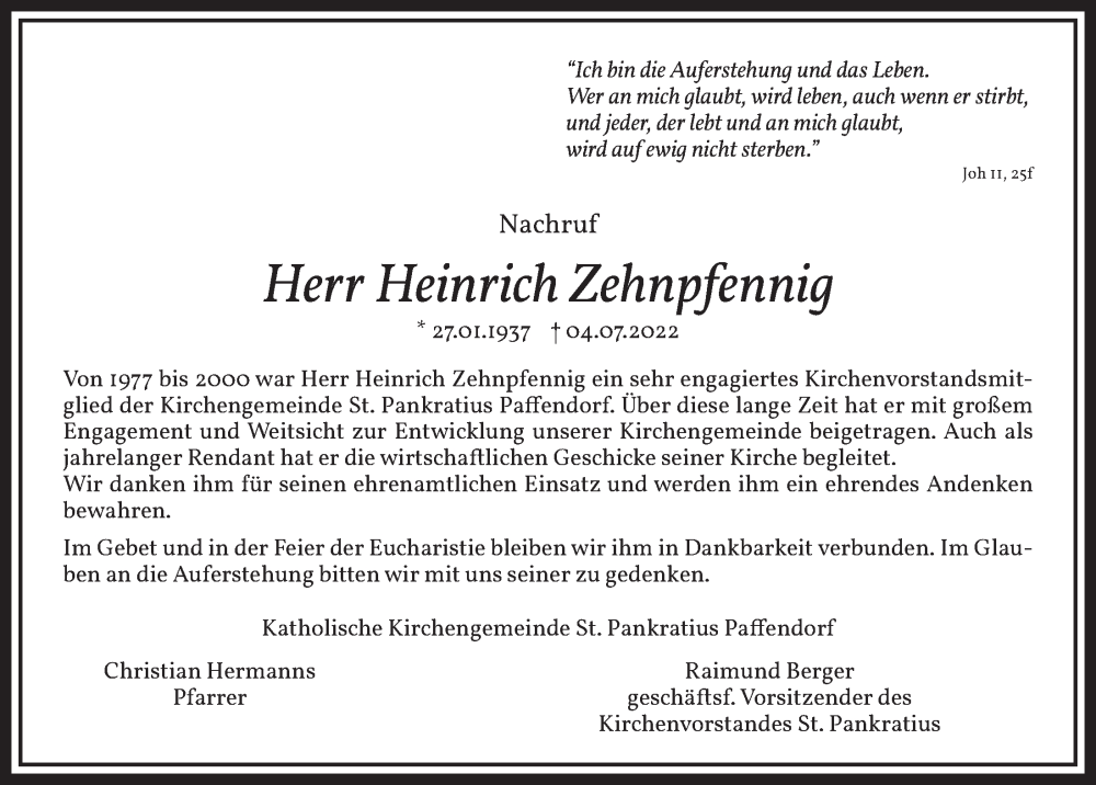  Traueranzeige für Heinrich Zehnpfennig vom 22.07.2022 aus  Werbepost 