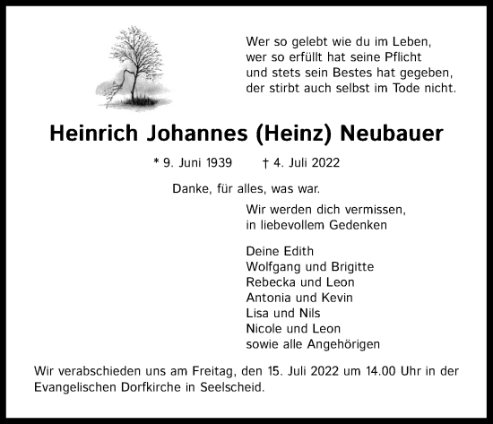 Anzeige von Heinrich Johannes Neubauer von Kölner Stadt-Anzeiger / Kölnische Rundschau / Express