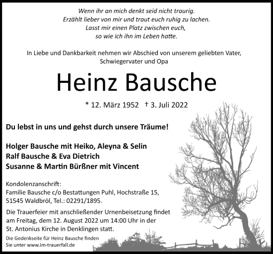 Anzeige von Heinz Bausche von  Lokalanzeiger 
