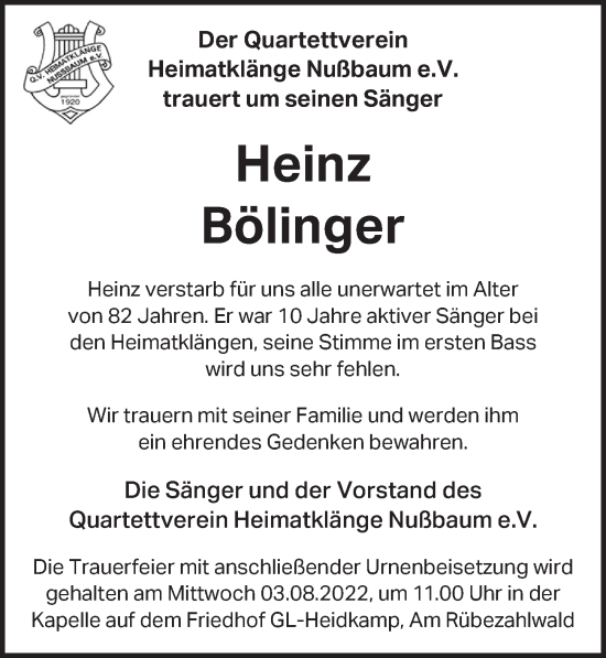 Anzeige von Heinz Bölinger von  Bergisches Handelsblatt 
