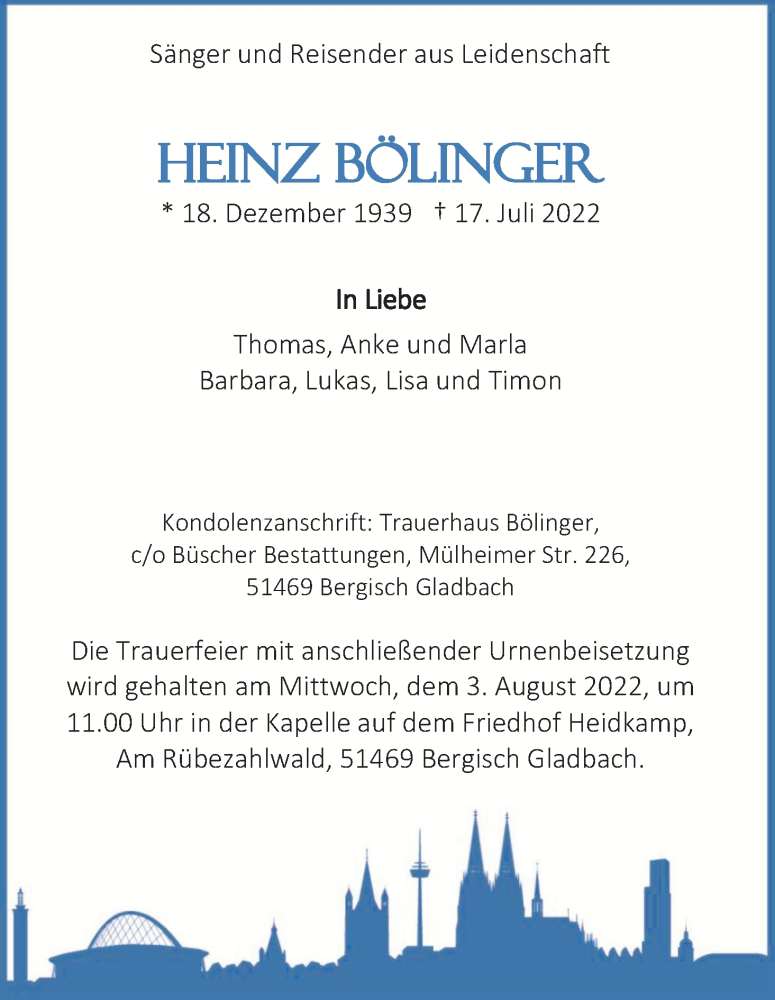  Traueranzeige für Heinz Bölinger vom 30.07.2022 aus Kölner Stadt-Anzeiger / Kölnische Rundschau / Express
