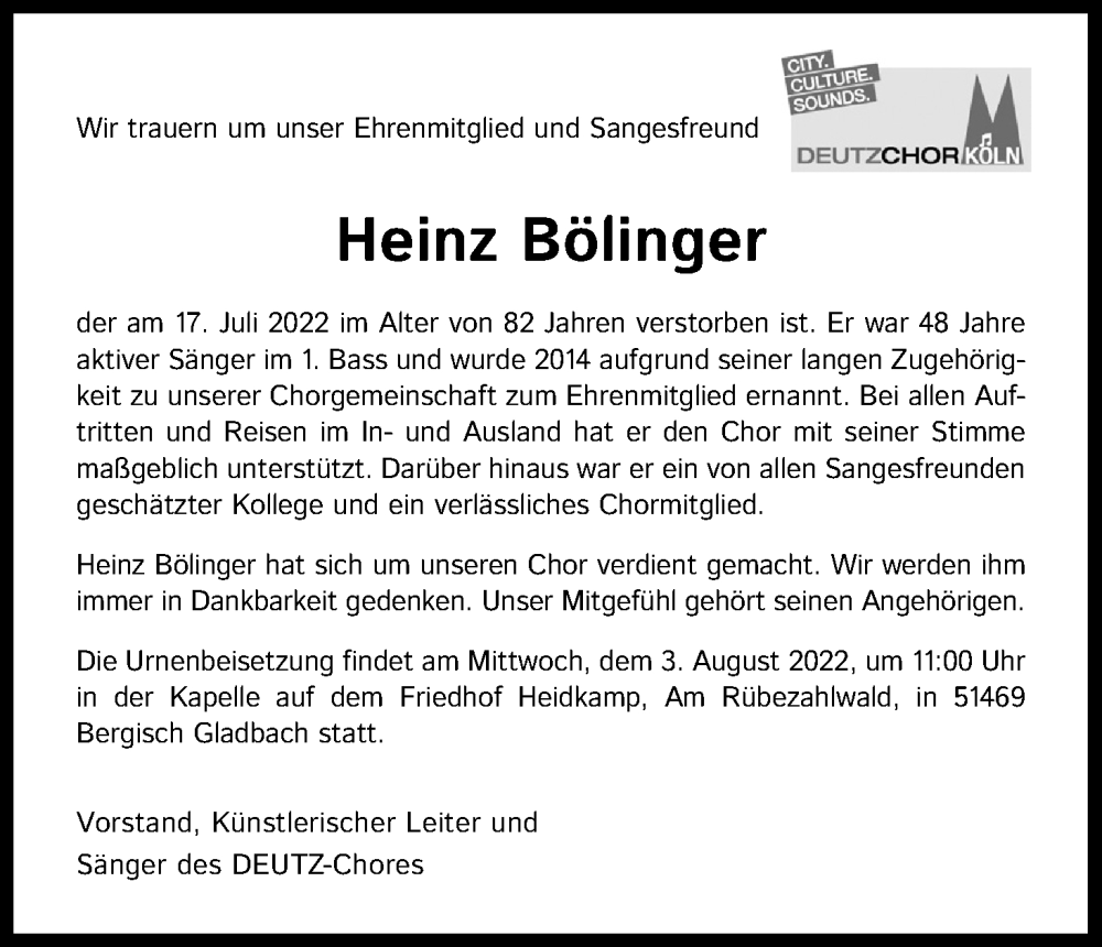  Traueranzeige für Heinz Bölinger vom 30.07.2022 aus Kölner Stadt-Anzeiger / Kölnische Rundschau / Express