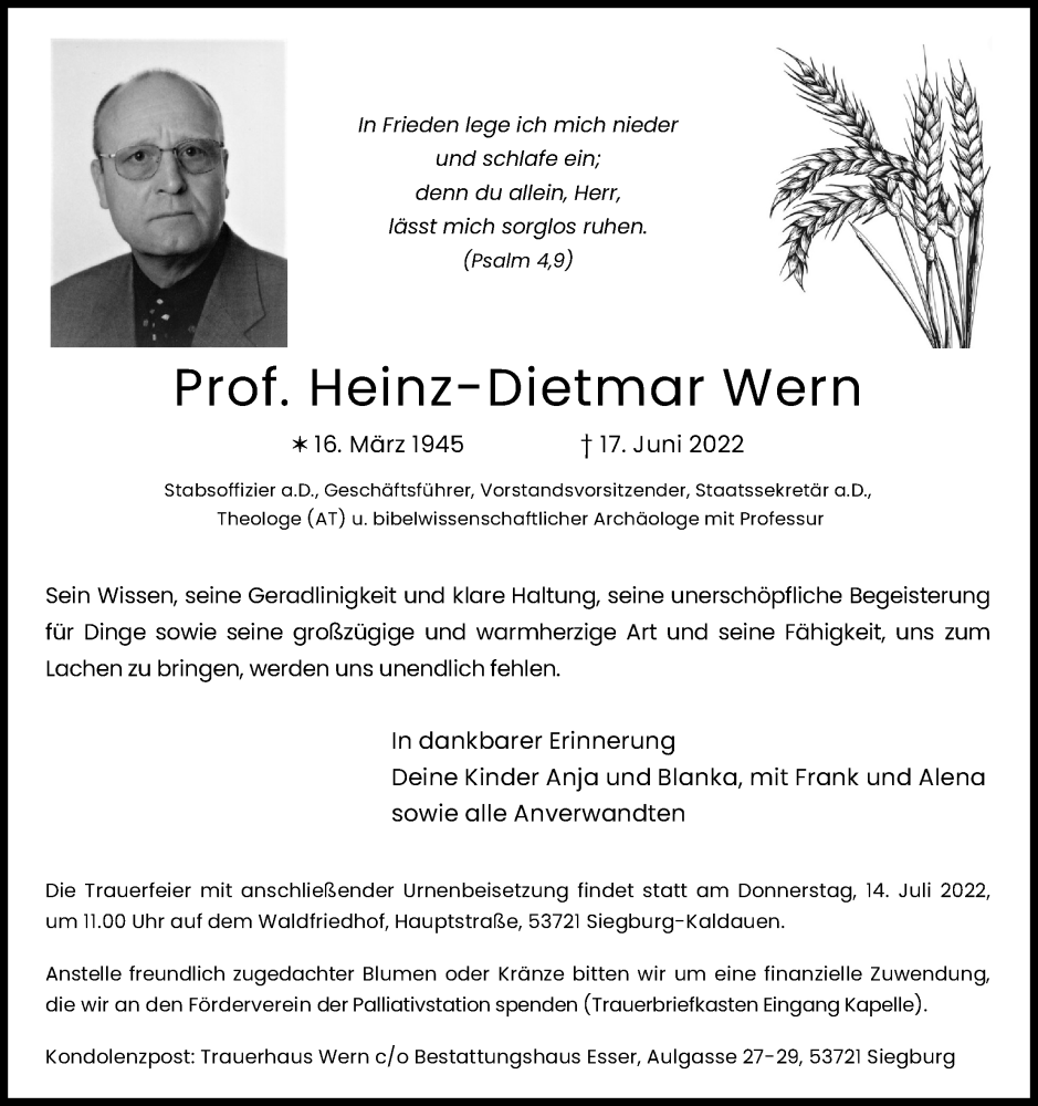  Traueranzeige für Heinz-Dietmar Wern vom 02.07.2022 aus Kölner Stadt-Anzeiger / Kölnische Rundschau / Express