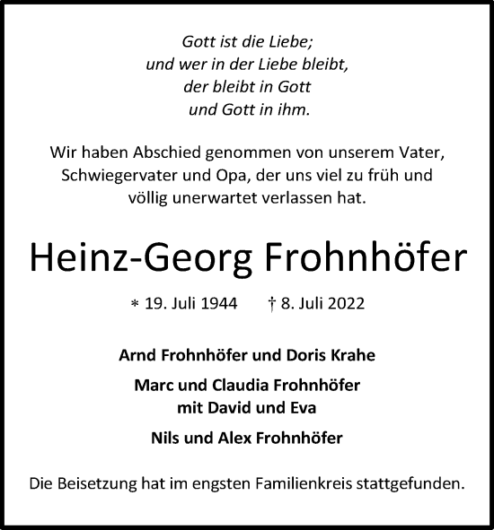 Anzeige von Heinz-Georg Frohnhöfer von Kölner Stadt-Anzeiger / Kölnische Rundschau / Express
