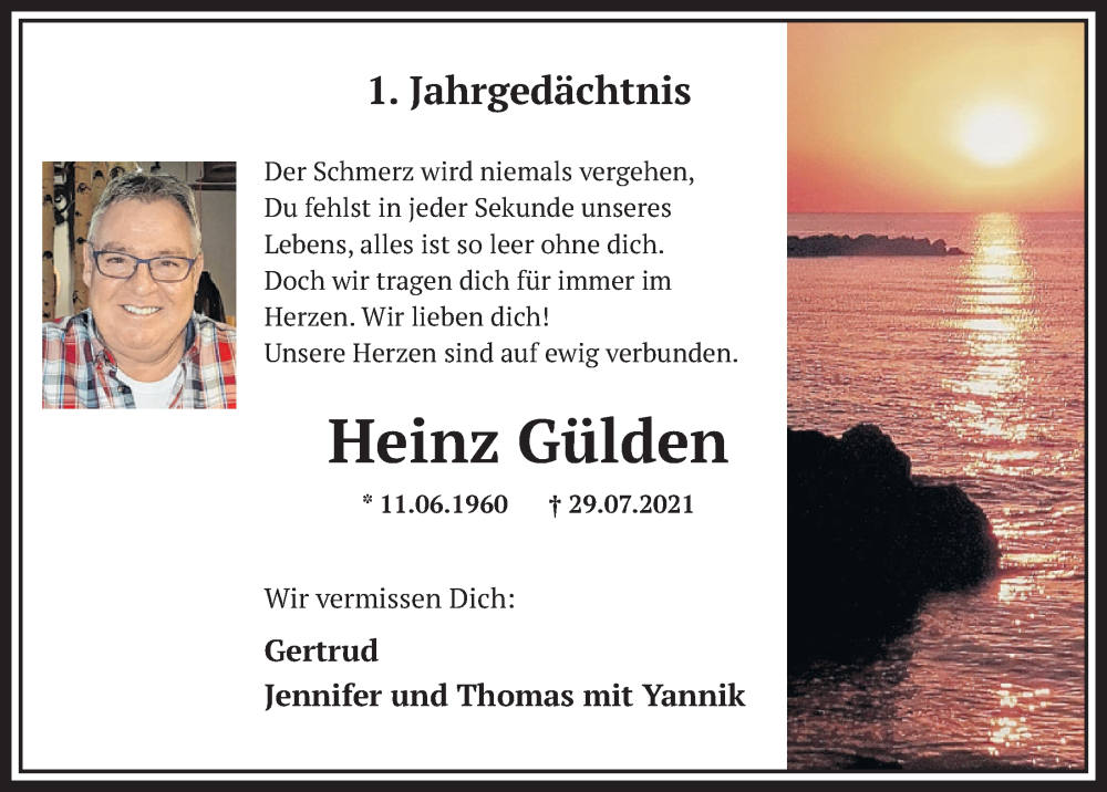  Traueranzeige für Heinz Gülden vom 29.07.2022 aus  Werbepost 
