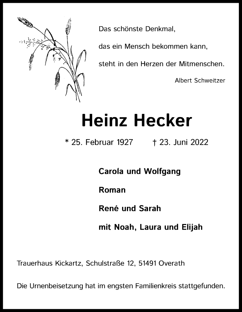  Traueranzeige für Heinz Hecker vom 09.07.2022 aus Kölner Stadt-Anzeiger / Kölnische Rundschau / Express